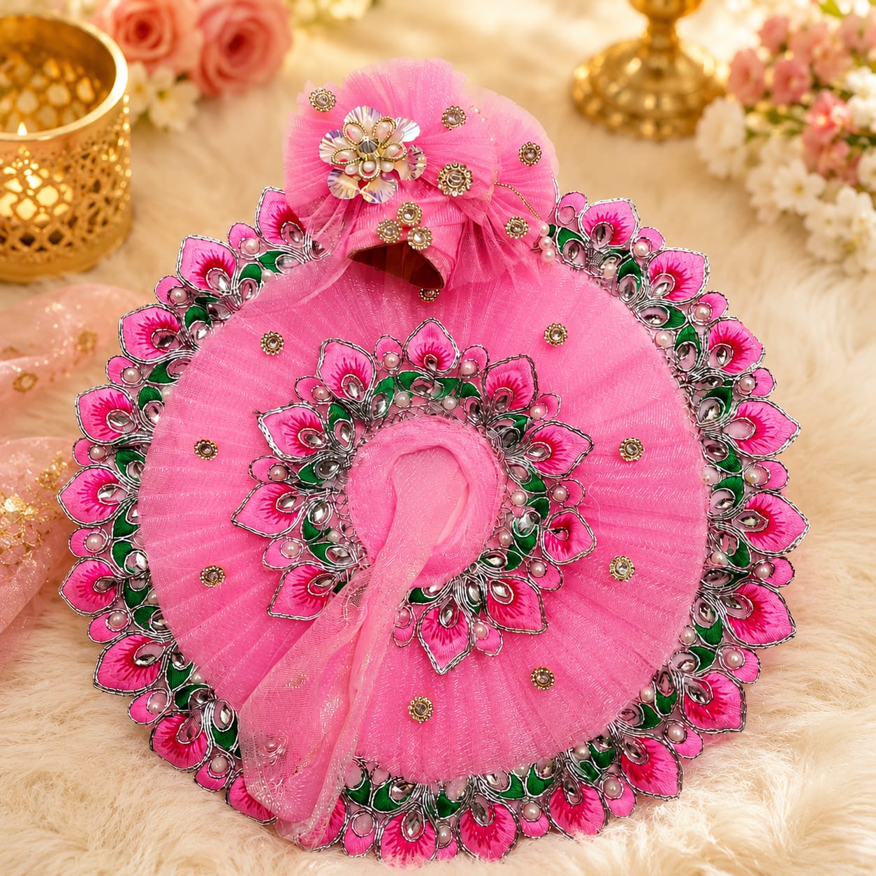 Handcrafted Pink Designer Poshak for Laddu Gopal Ji with Floral Border